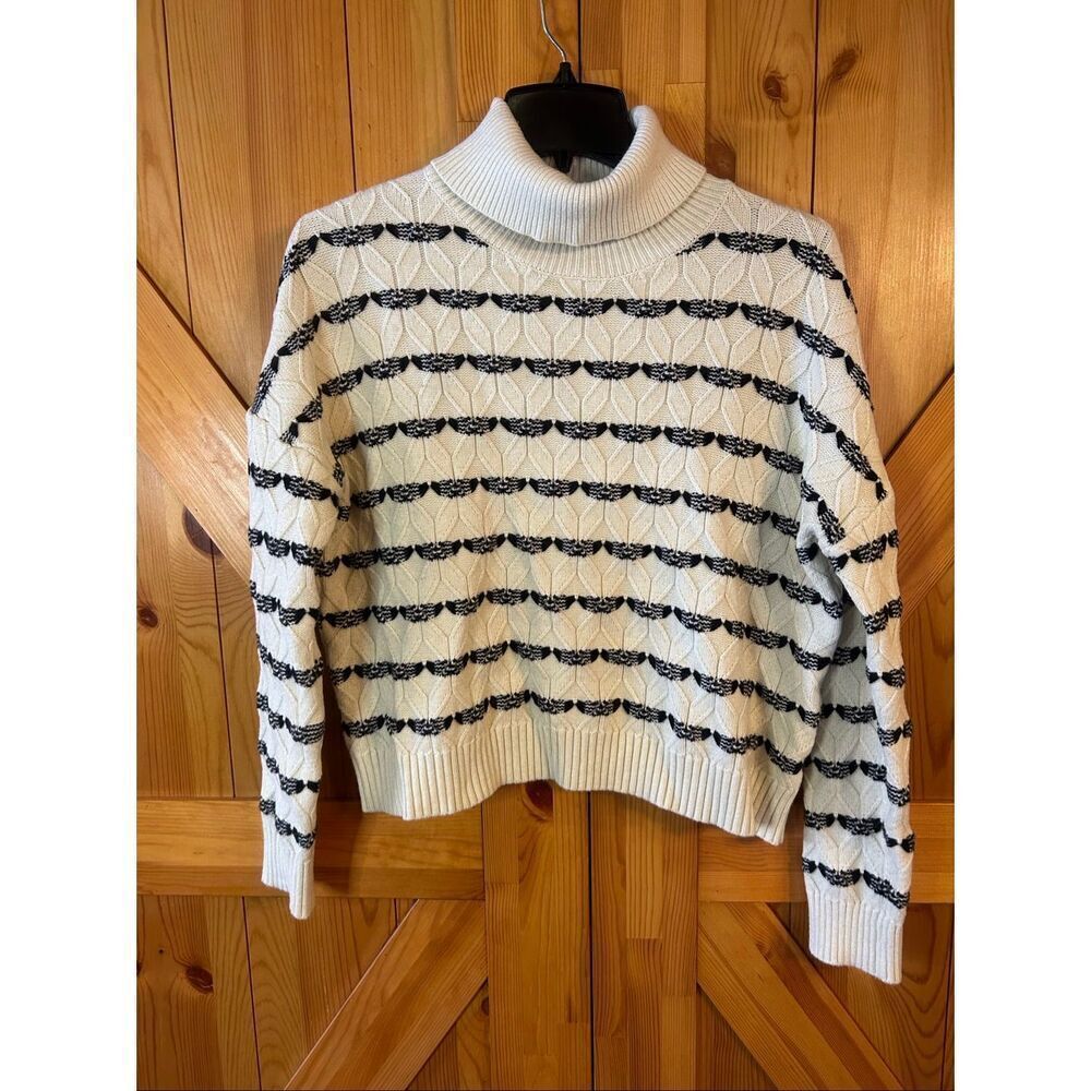 Joie Women’s Cable Knit Cropped Turtleneck Sweater White Black Size XL (5462)